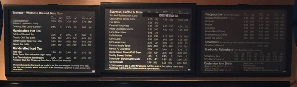 Starbucks menu prices